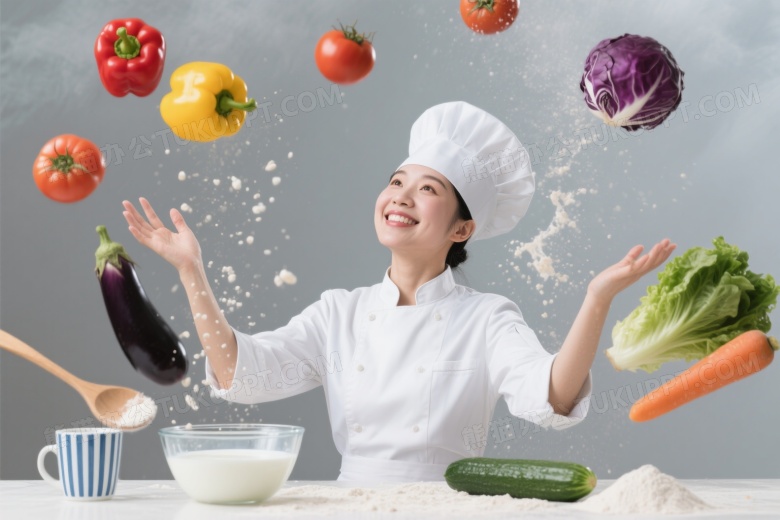 女厨师抛接食材动感瞬间图片