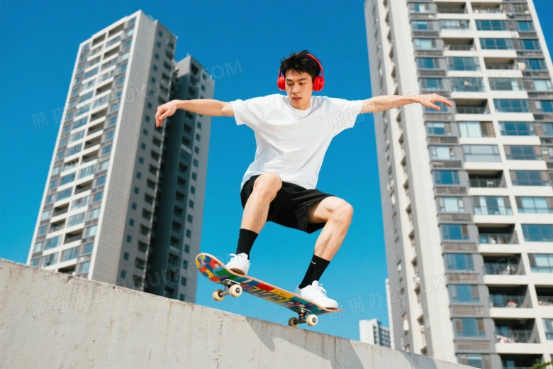 青年男子高楼间滑板腾空图片