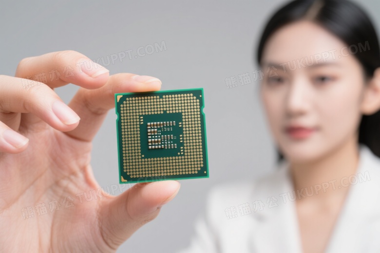 亚洲女性手持CPU芯片特写图片