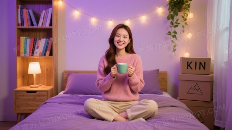 亚洲女性床上持杯微笑图片