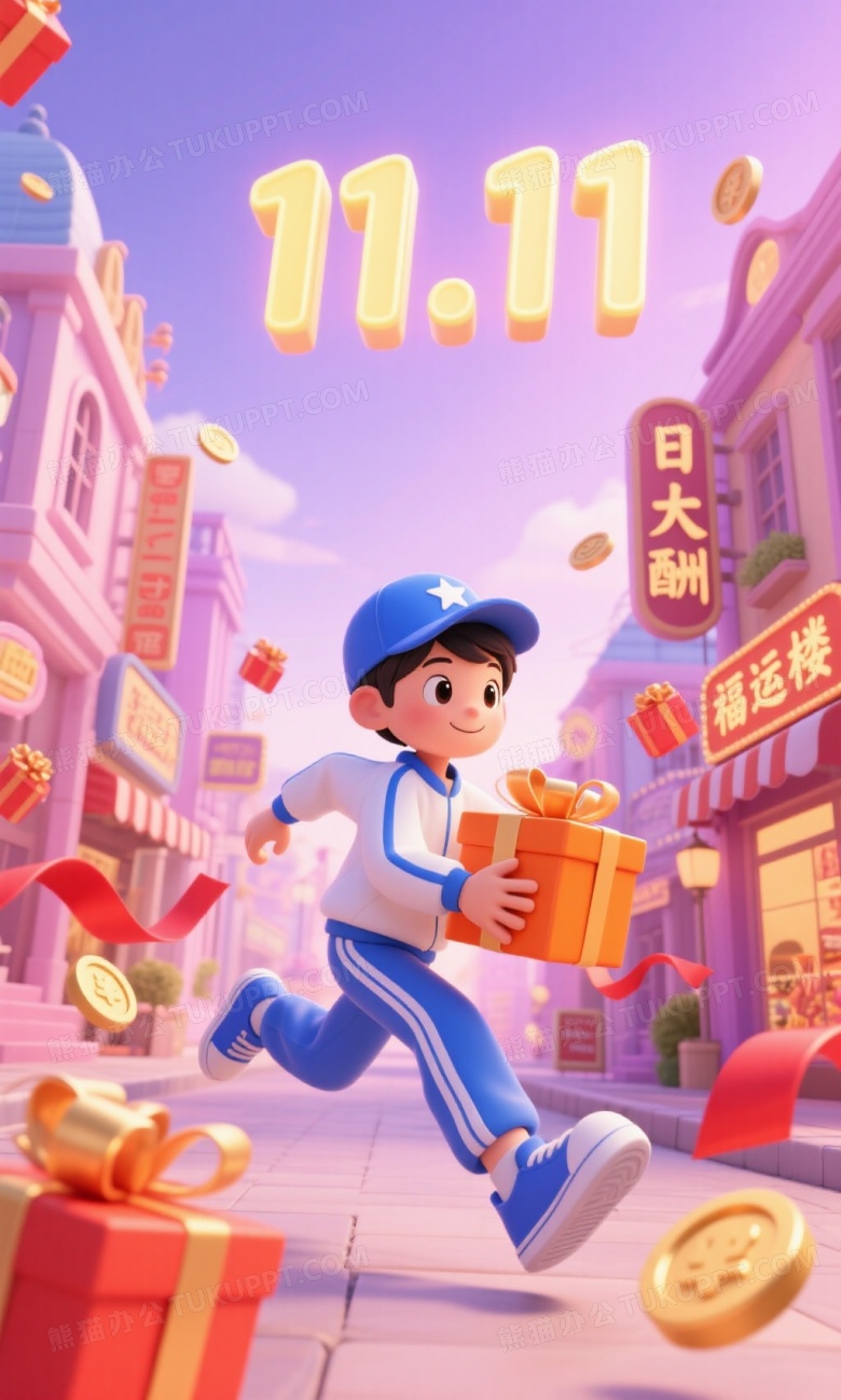 卡通男孩持礼盒奔跑商业街图片