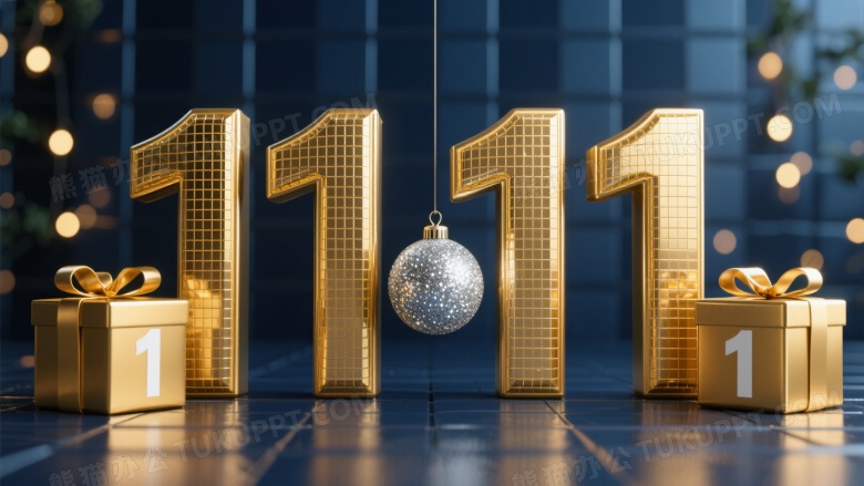 金色1111数字与圣诞球礼盒图片