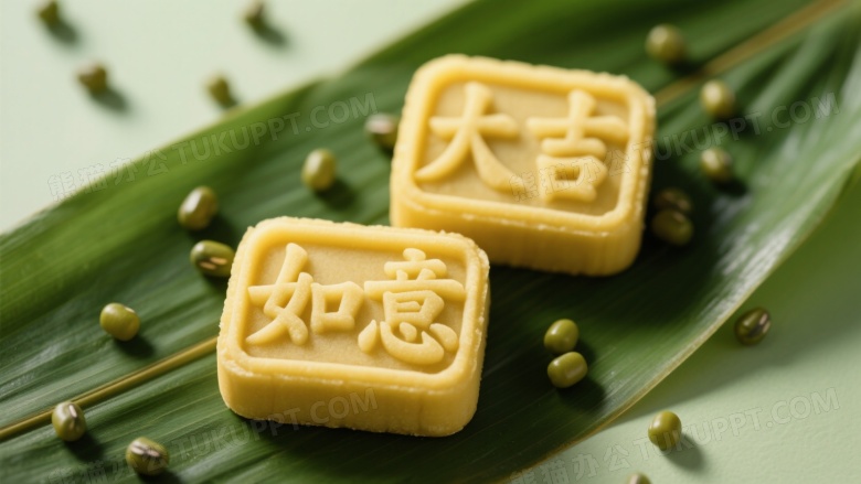 黄绿豆糕置粽叶浮雕汉字图片