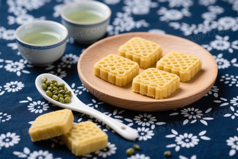 木质圆盘绿豆糕俯拍图片