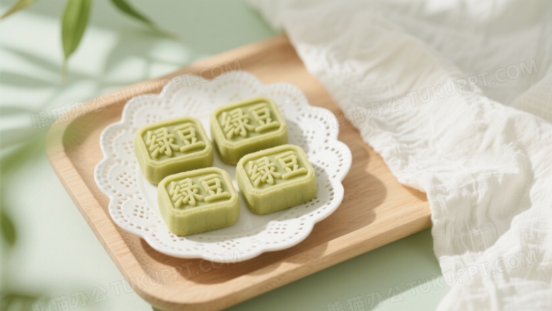 绿豆糕瓷盘俯拍特写图片
