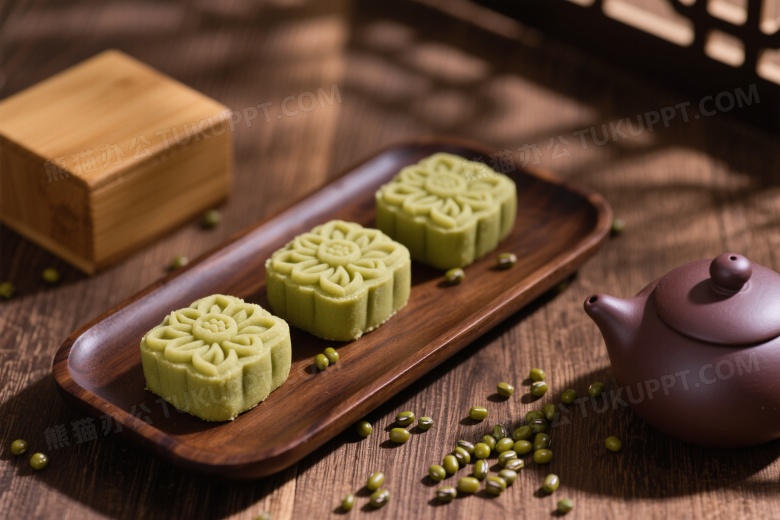 绿豆糕木质托盘俯拍图片