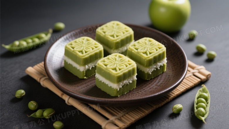 绿豆糕陶瓷盘摆拍图片