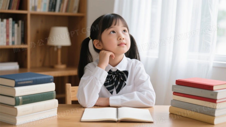 小女孩托腮凝视书桌前图片