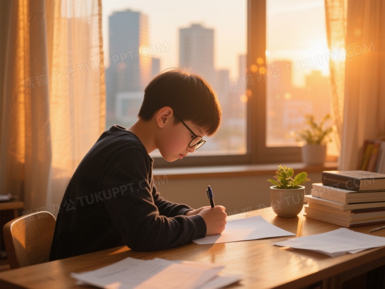 戴眼镜男孩伏案书写侧逆光图片