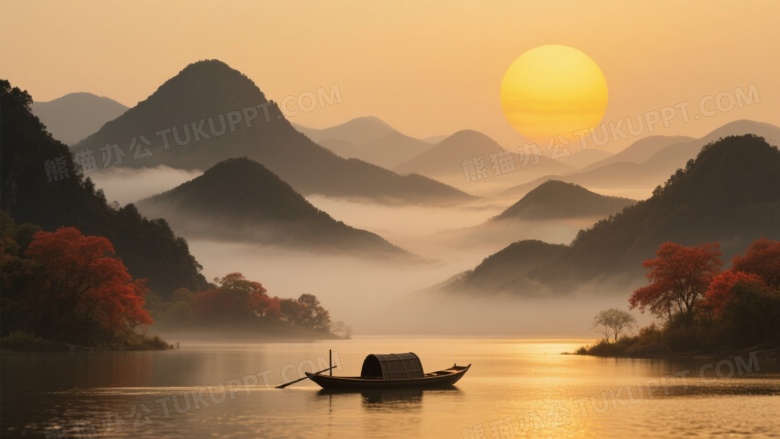 金波山峦江面小船日出图片