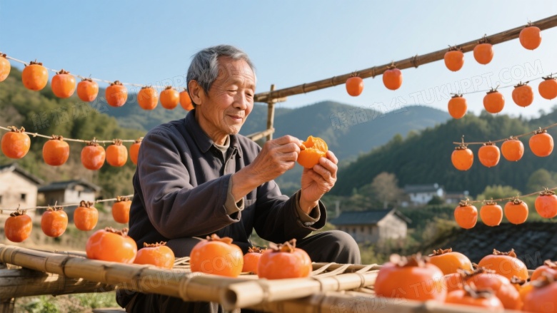 老年男性剥柿子山野村落图片