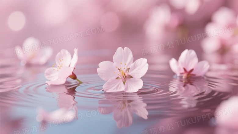 粉白樱花浮水涟漪柔光图片