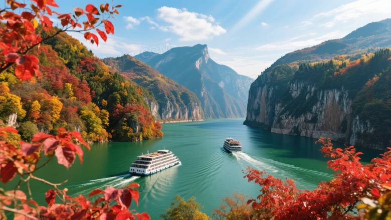 三峡秋色江面游轮侧逆光图片
