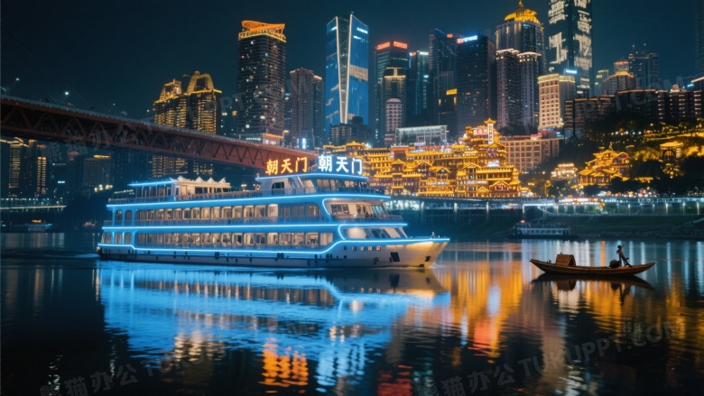 长江夜景游轮航行洪崖洞背景图片