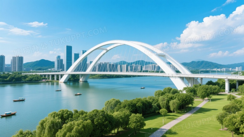 白色斜拉桥横跨河流城市景观图片
