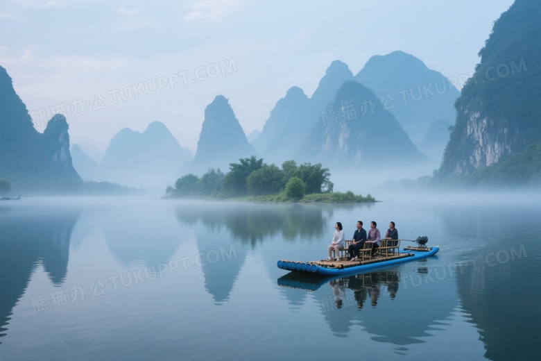 漓江晨雾竹筏载客缓行图片
