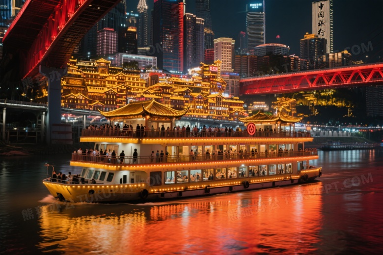 夜景游轮航行江面重庆地标图片
