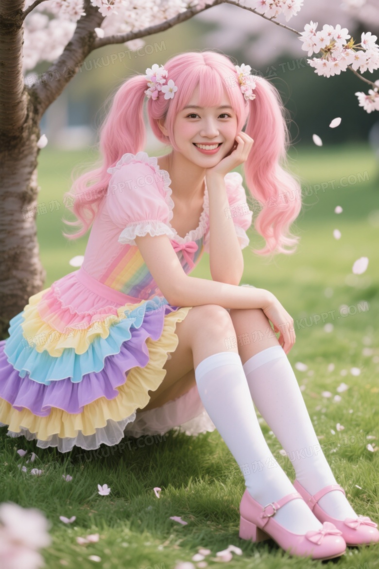 樱花树下洛丽塔少女微笑图片