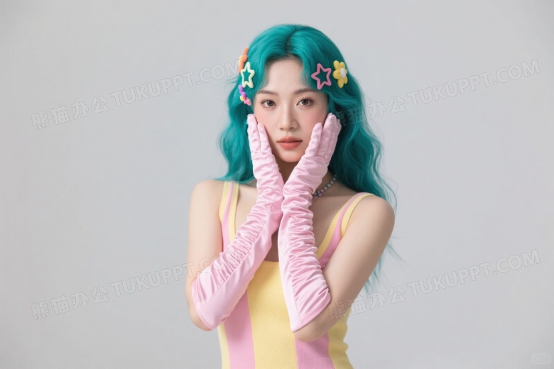 亚洲女性戴花饰托腮时尚图片