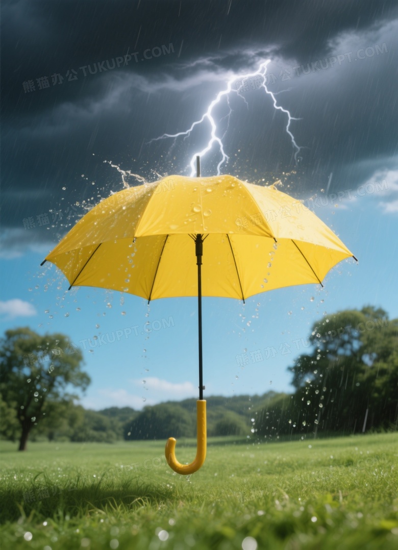 亮黄雨伞暴雨闪电击中图片