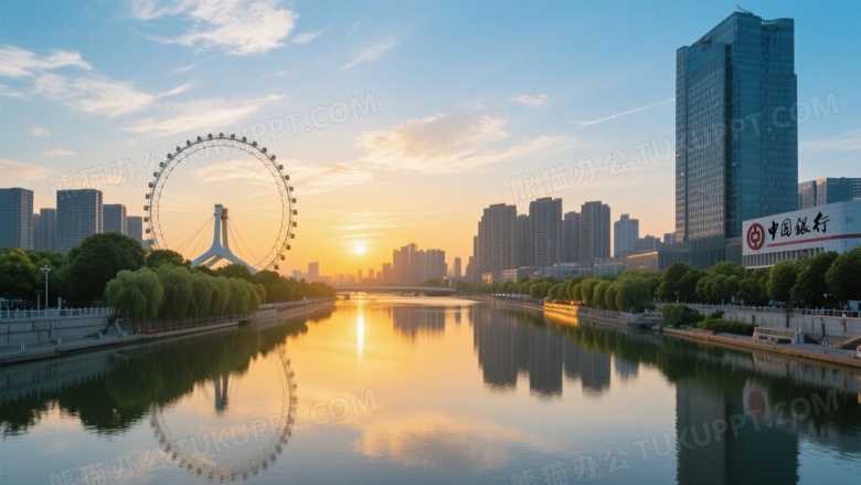 城市河景日落摩天轮对称图片