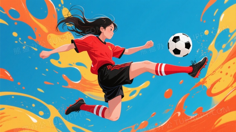 亚洲女足球员腾空踢球插画图片