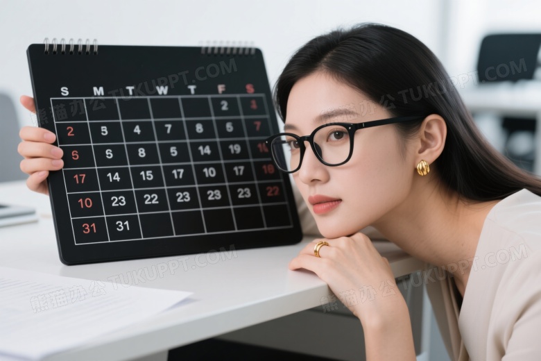 戴眼镜女性托腮看日历图片