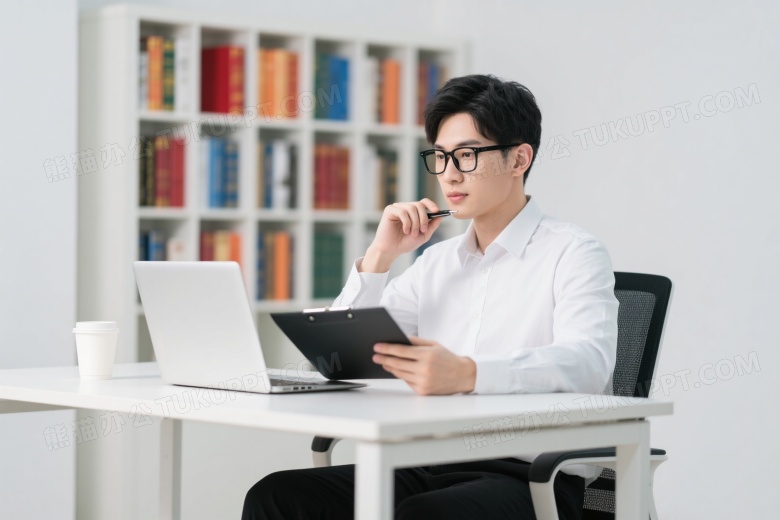 戴眼镜男子办公凝视电脑图片