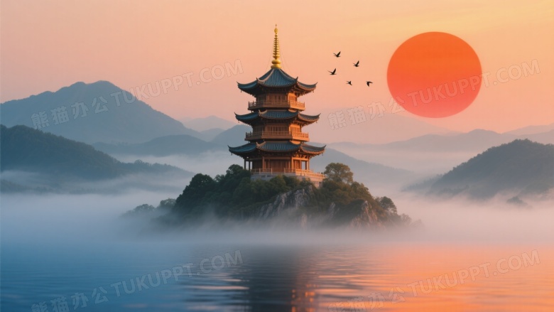 中式宝塔山巅夕照飞鸟图片
