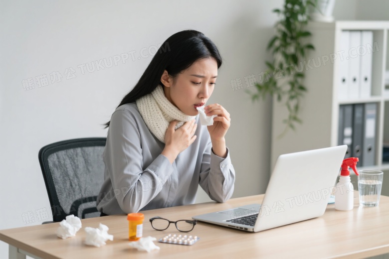 亚洲女性办公桌前咳嗽不适图片