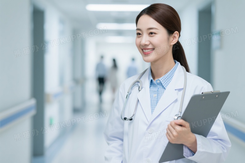女医生持病历微笑站立图片