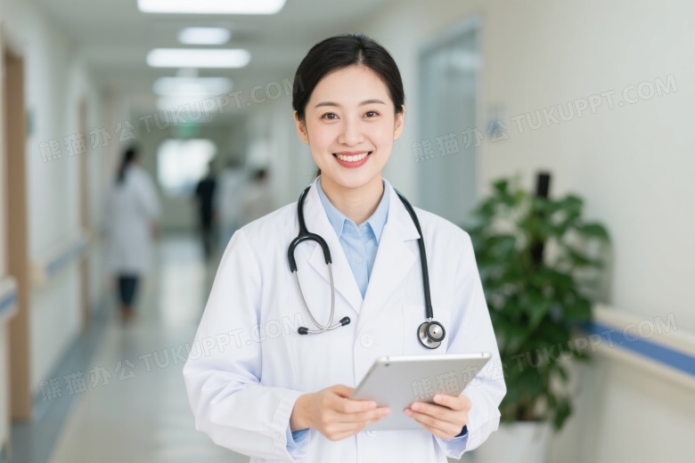 女医生持平板微笑站立图片