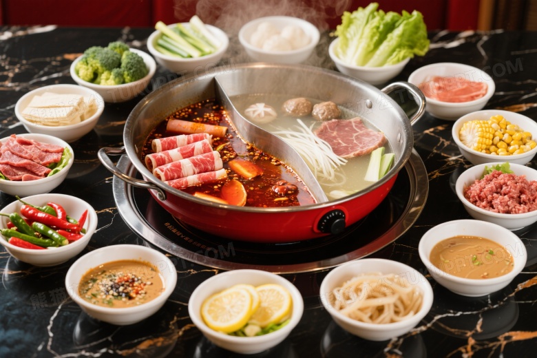 鸳鸯火锅俯拍美食图片