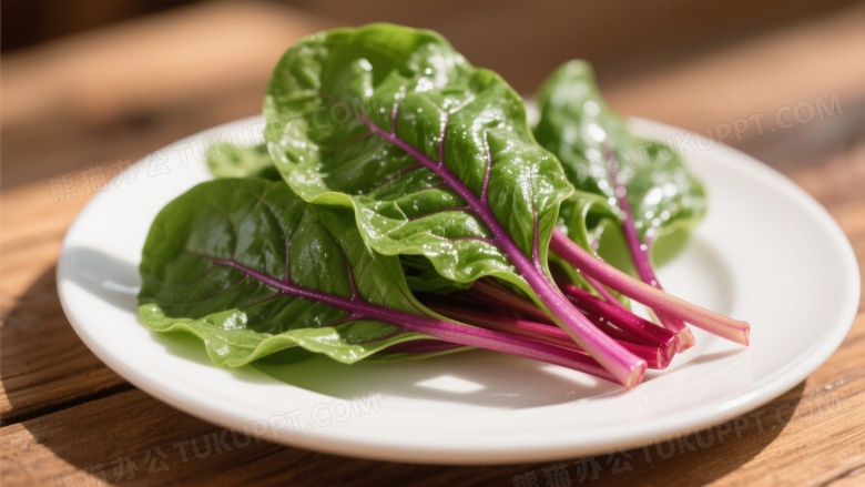 红梗菠菜瓷盘特写图片