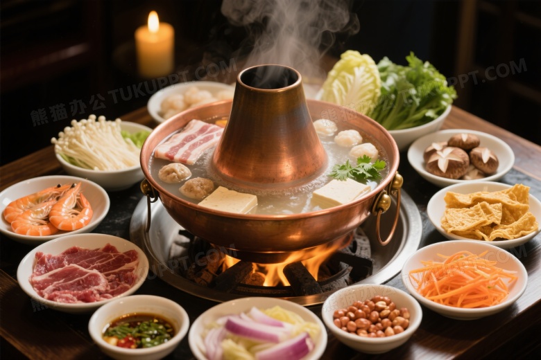铜锅火锅配菜环绕暖光图片