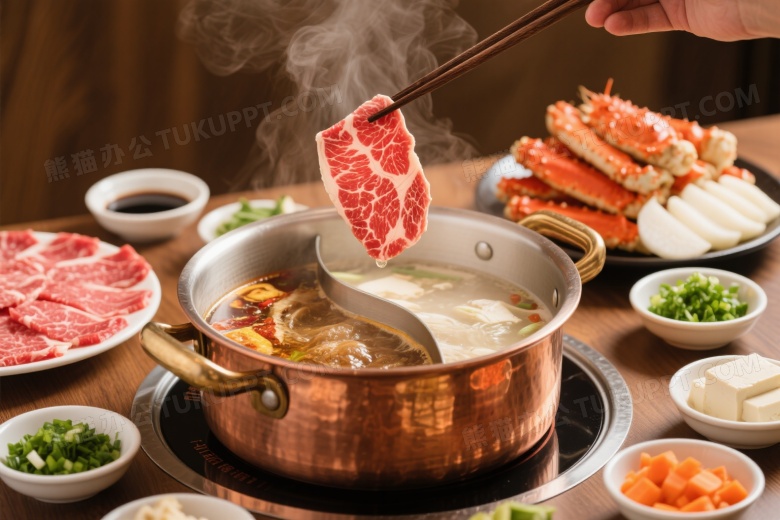 铜质鸳鸯火锅配菜特写图片
