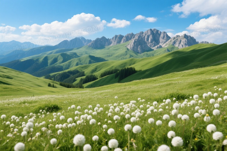 高山草甸野花与山丘广角图片