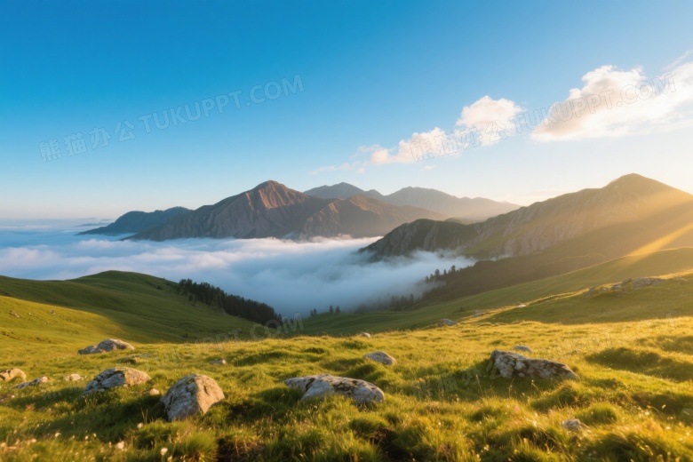 高山草甸晨曦云海景观图片