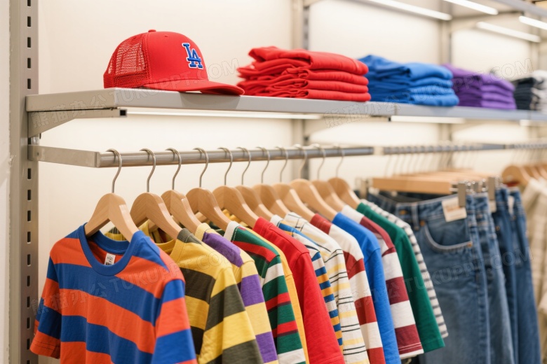 服装店衣架陈列彩色服饰中景图片
