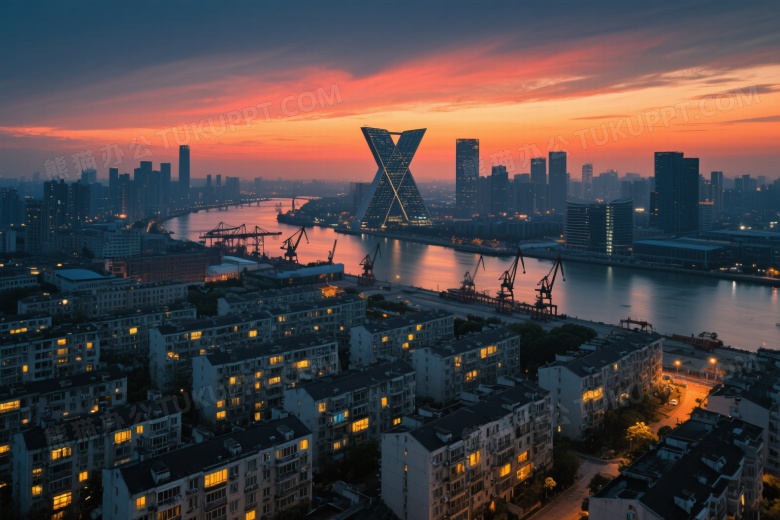 黄昏城市全景俯拍图片