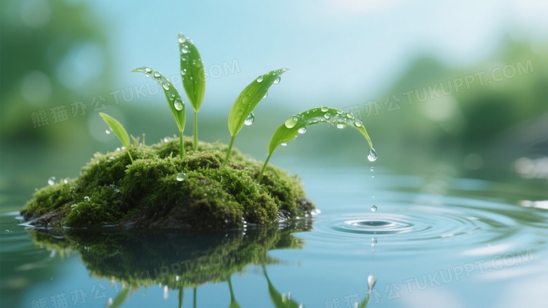 青苔土丘草叶水珠特写图片