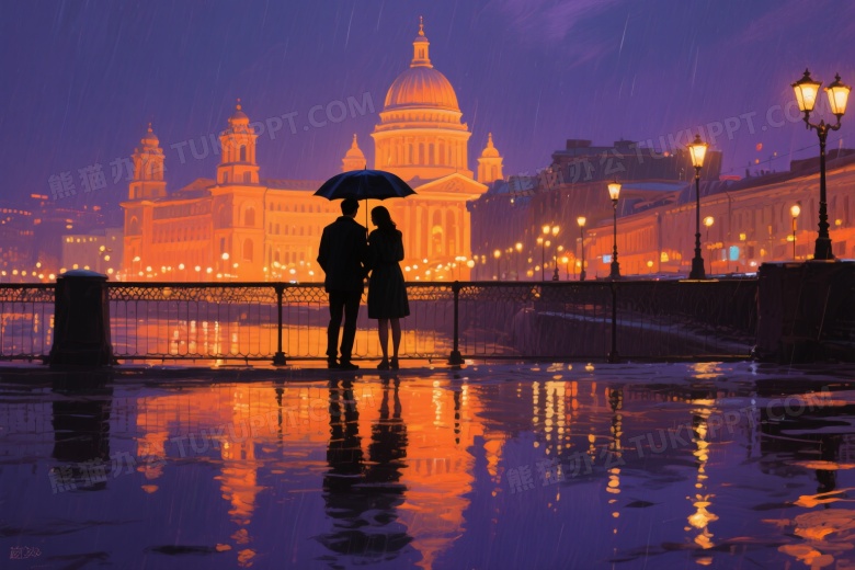 情侣雨夜桥上撑伞侧逆光图片