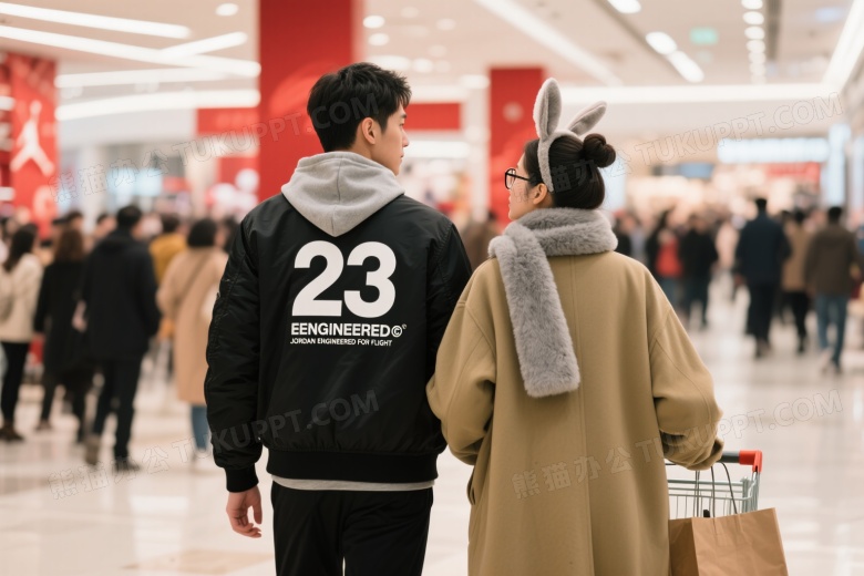 亚洲男女商场并肩行走图片