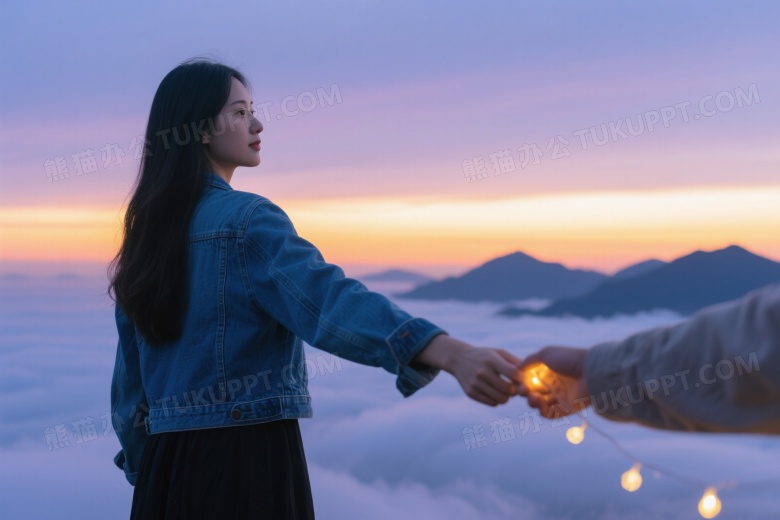 亚洲女性牵手立于云海日落山巅图片