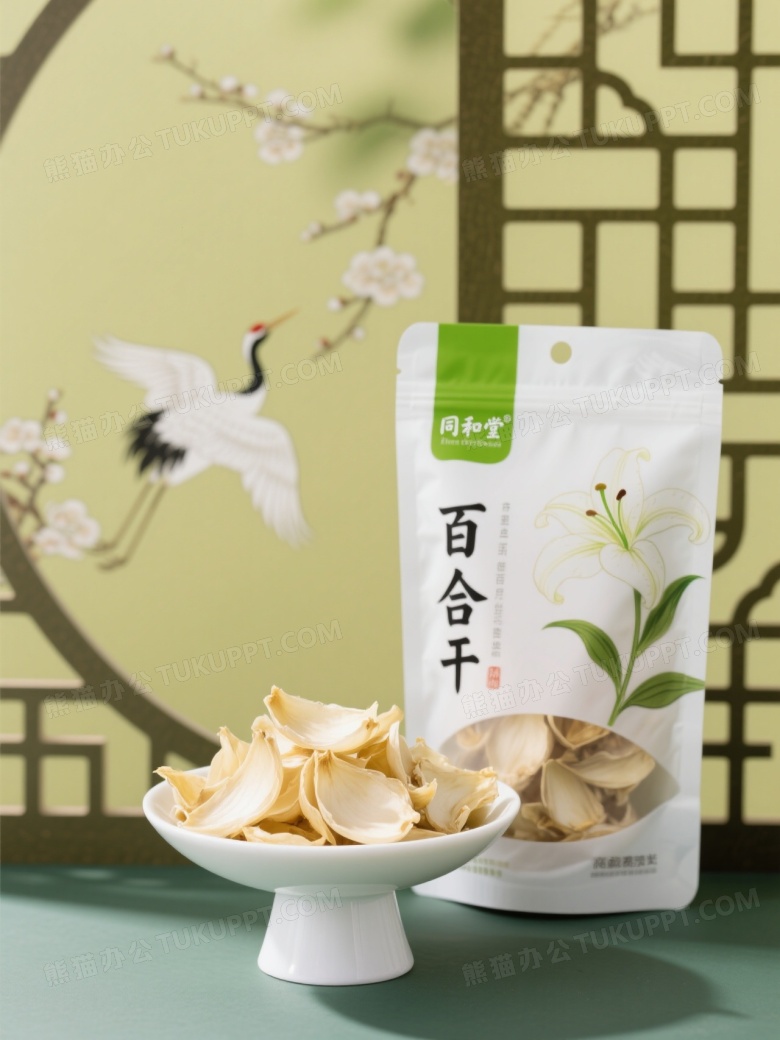 百合干瓷碗与包装静物图片