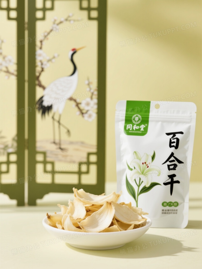 瓷碗百合干与包装袋静物图片