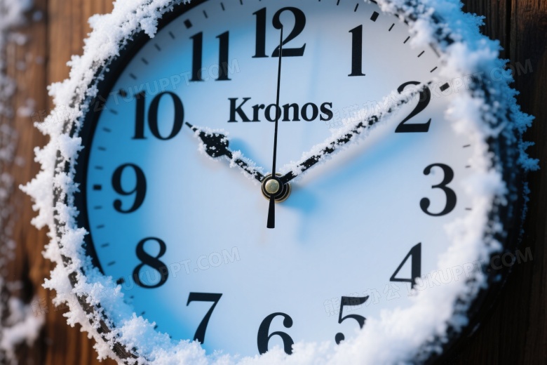 霜雪覆盖挂钟特写图片