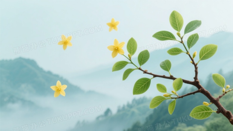 绿枝嫩叶远山薄雾星花图片