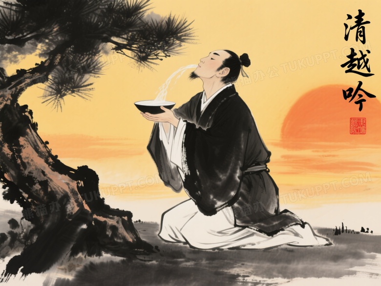 汉服男子跪坐饮水水墨画图片