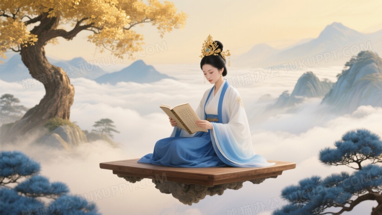 古风女子盘坐持卷云海背景图片